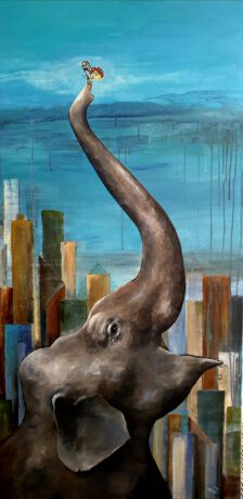 De olifant houd de Jezebel vlinder boven de vervuilde lucht. Schilderij Olifant