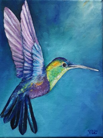 Er zijn heel veel soorten Kolibri's. Ze zijn er in alle kleuren van de regenboog. Schilderij Kolibrie