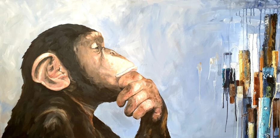 Je ziet hem denken, wat moeten we toch met die verstedelijking. Schilderij Aap