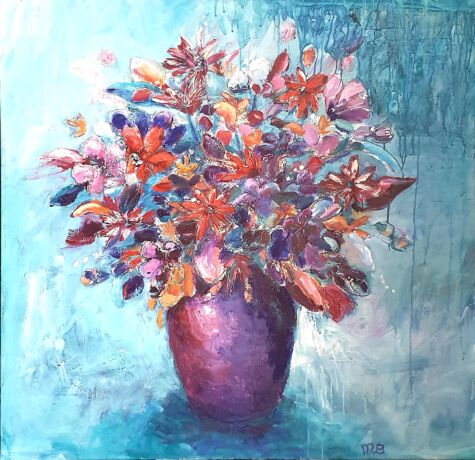 Wie wordt er nu niet blij van een mooie bos bloemen. Een heerlijk kleurrijk schilderij.
De verf ligt er lekker dik op en zorgt daardoor voor een mooie structuur. Schilderij Bloemen