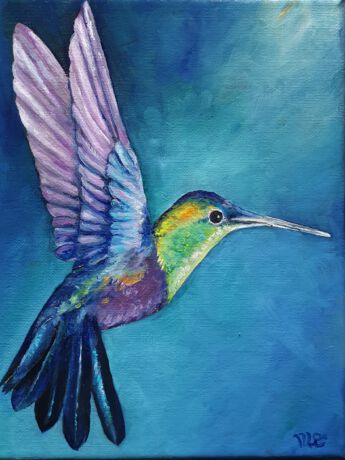 Er zijn heel veel soorten Kolibri's. Ze zijn er in alle kleuren van de regenboog. Schilderij Kolibrie