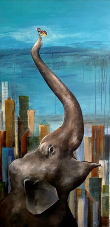 De olifant houd de Jezebel vlinder boven de vervuilde lucht. Schilderij Olifant